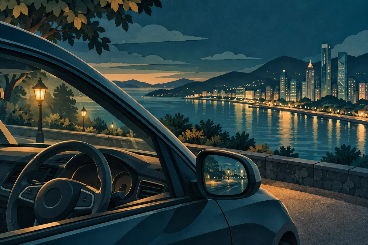 停放車輛的方向盤與擋風玻璃,遠處是藍調海岸夜景與路燈的插畫